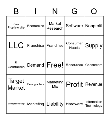 Intro to Business Semester Test Vocabulary Bingo Card