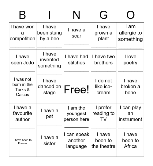 Getting to Know You Bingo Card