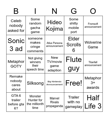 Game Awards Bingo Card