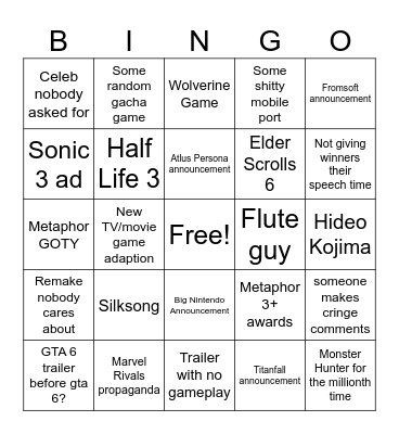 Game Awards Bingo Card