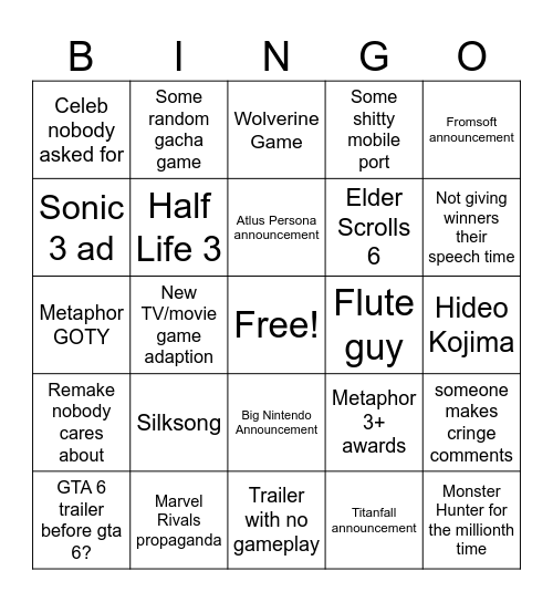 Game Awards Bingo Card