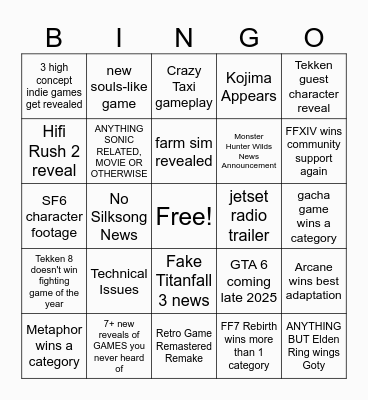 Game Awards 2024 Bingo Card