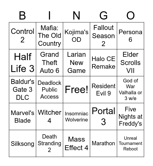 Game Awards Bingo Card
