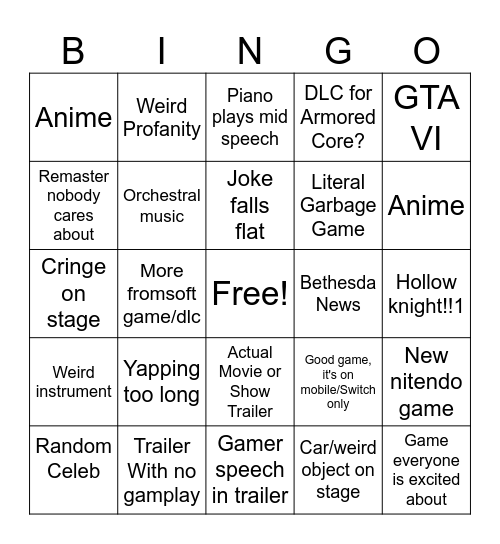 TGA Bingo Card