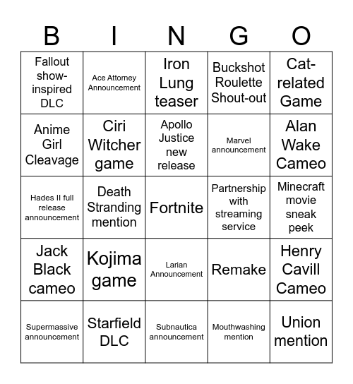 Jo Awards Bingo Card