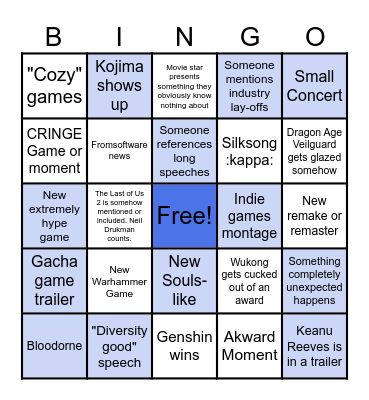 2024 Game Awards Bingo Card