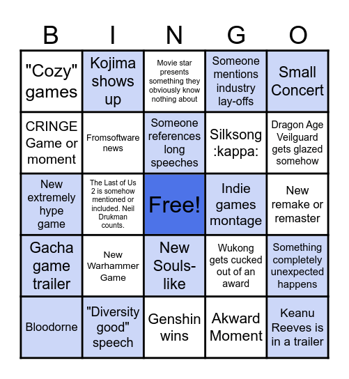 2024 Game Awards Bingo Card