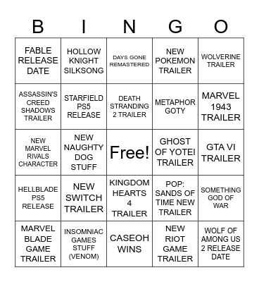 TGA 2024 Bingo Card