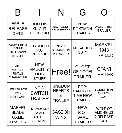 TGA 2024 Bingo Card