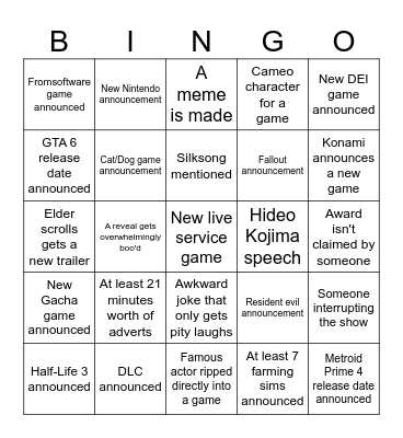 Game awards 2024 Bingo Card