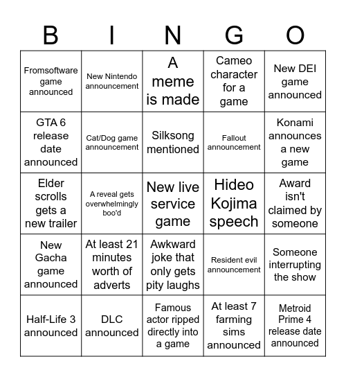 Game awards 2024 Bingo Card