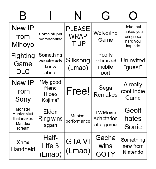 Game Awards 2024 Bingo Card