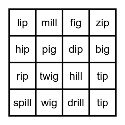 Short i words Bingo Card