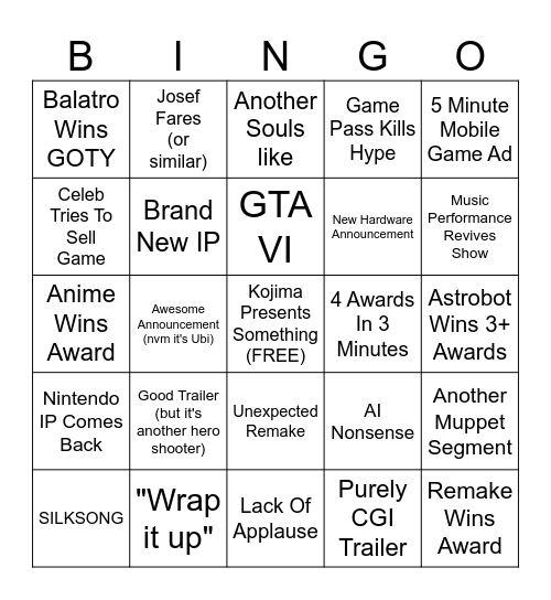 TGA 2024 With Goobers515 and TheRomShow Bingo Card