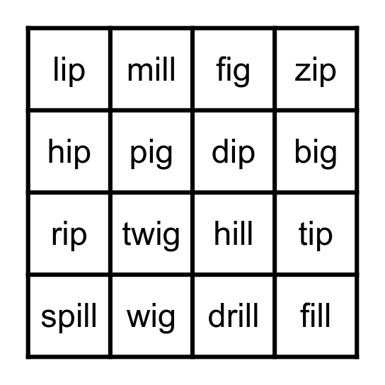 Short i words Bingo Card