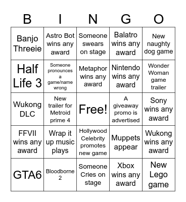 Game Awards 2024 Bingo Card