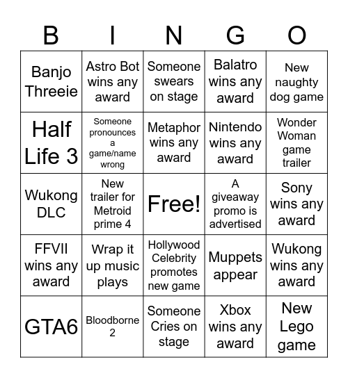 Game Awards 2024 Bingo Card