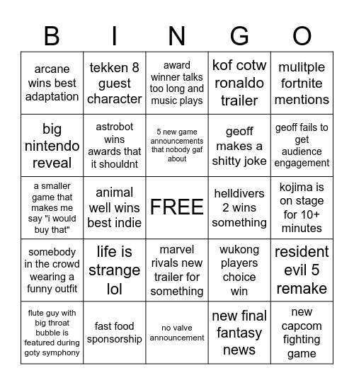 games awardes Bingo Card