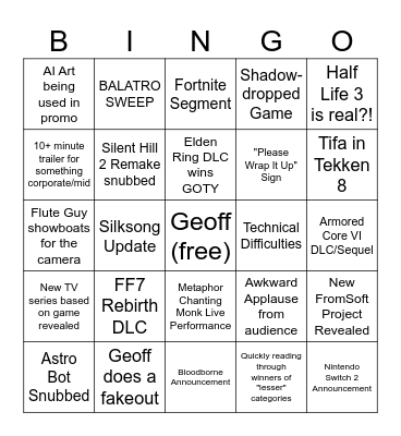 GAME AWARDS 2024 Bingo Card