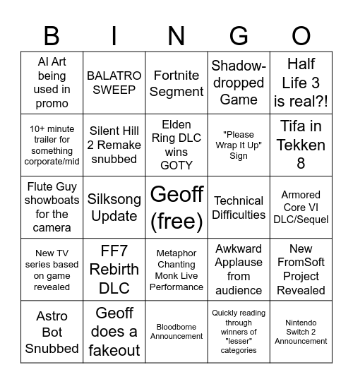 GAME AWARDS 2024 Bingo Card