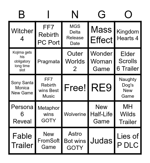 Game Awards 2024 Bingo Card