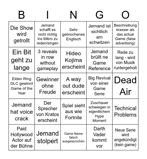Game Awards 2024 Bingo Card