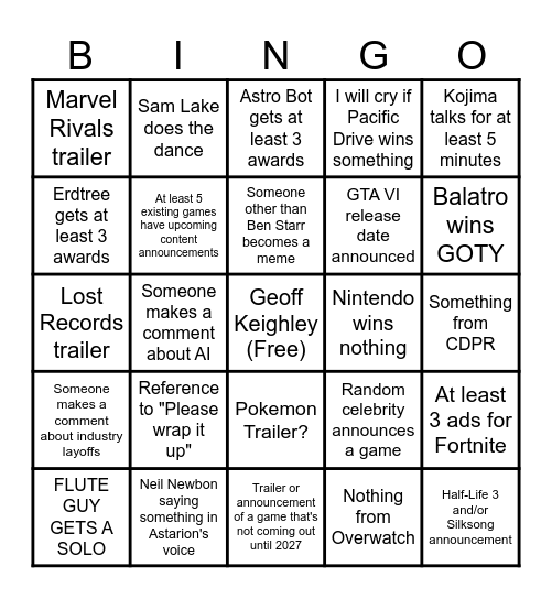 TGA 2024 Bingo Card