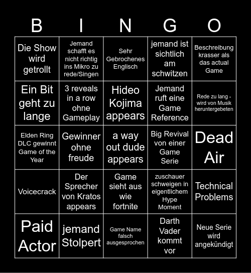 Game Awards Bingo Card
