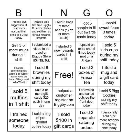 Biggby Store 854 Bingo Card