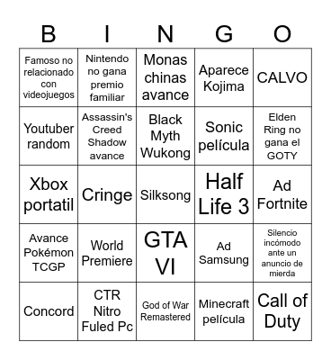 Game Awards Bingo Card