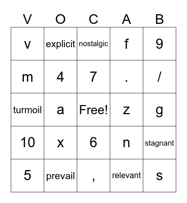 Vocabulary Words Bingo Card