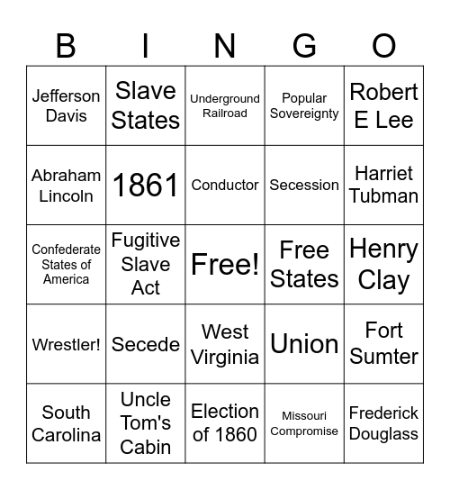 Antebellum and Secession Bingo Card