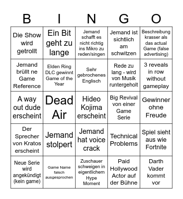 Game Awards 2024 Bingo Card