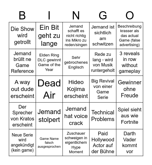Game Awards 2024 Bingo Card