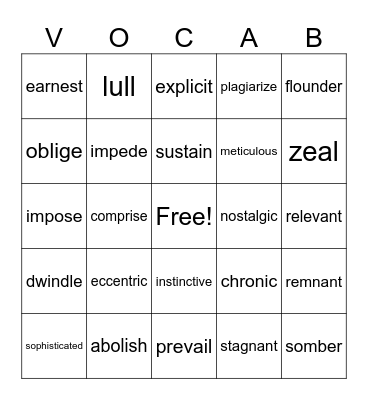 Vocabulary Words Bingo Card
