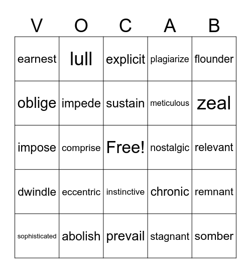 Vocabulary Words Bingo Card