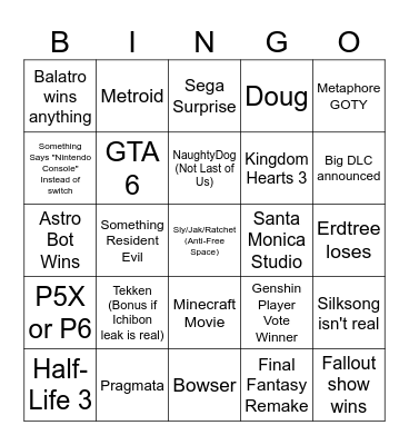 Game Awards 2024 Bingo Card