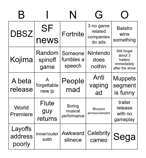 Game Awards 2024 Bingo Card