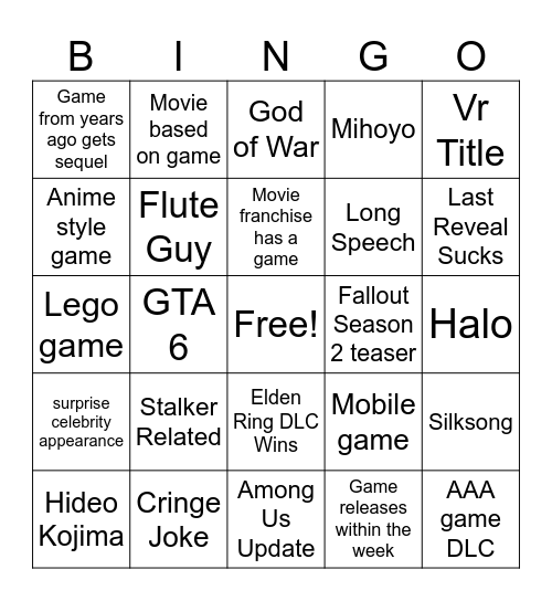 Game Awards 2024 Bingo Card