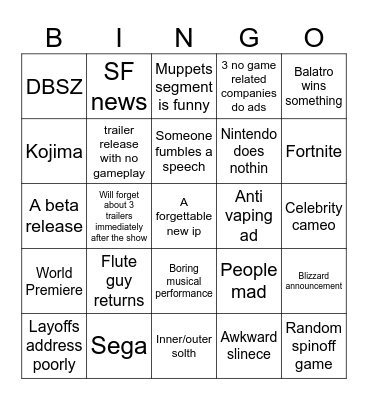 Game Awards 2024 Bingo Card