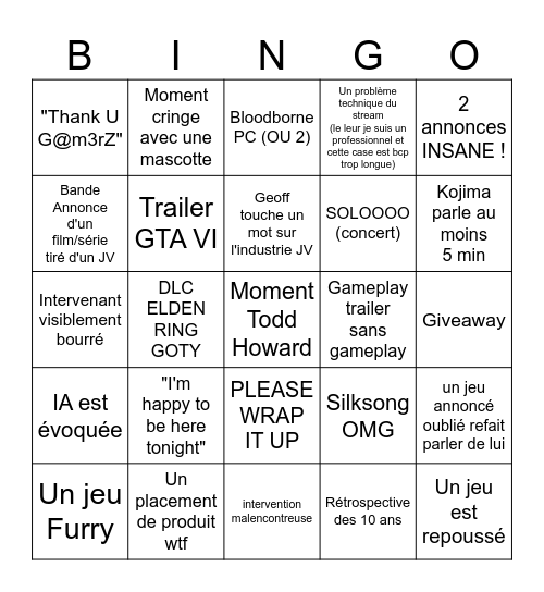 Game Awards 2024 BINGO Card