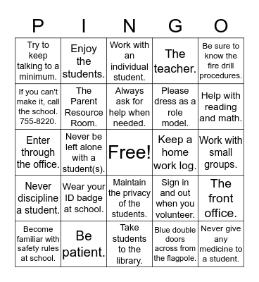 Parent Involvement Nurtures Great Opportunities Bingo Card