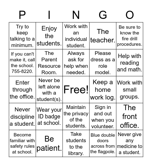 Parent Involvement Nurtures Great Opportunities Bingo Card