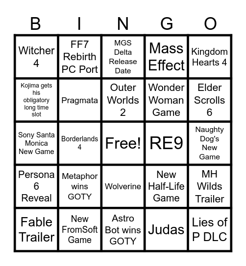 Game Awards 2024 Bingo Card