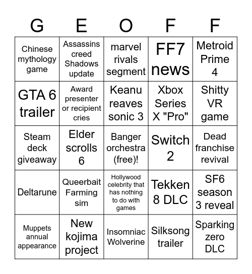 Game awards 2024 Bingo Card