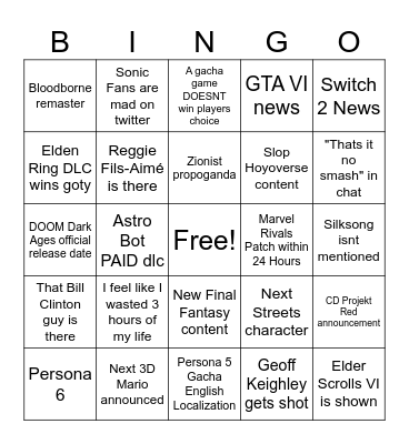 Game Awards Bingo Card