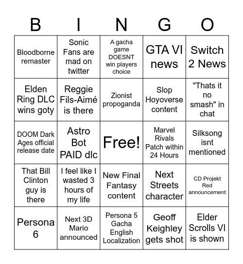 Game Awards Bingo Card