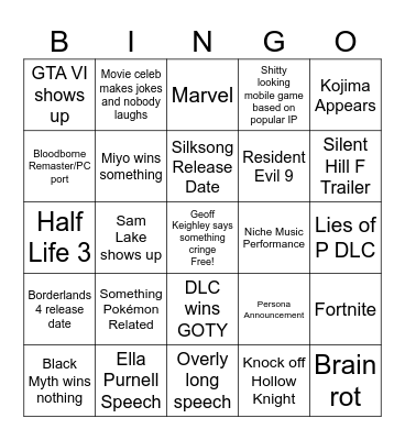 2024 Game Awards Bingo Card