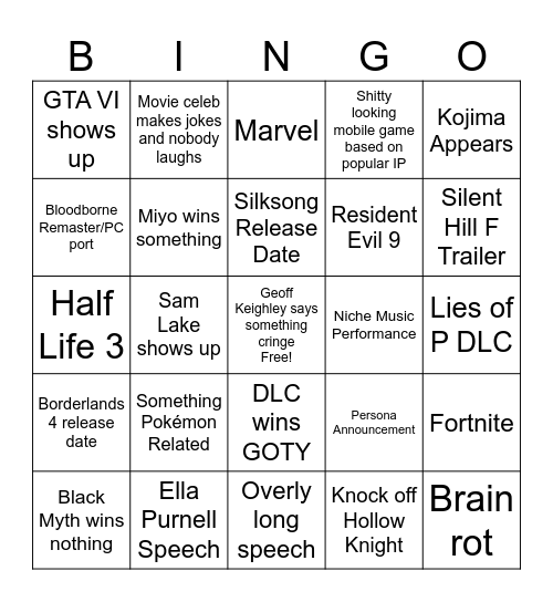 2024 Game Awards Bingo Card