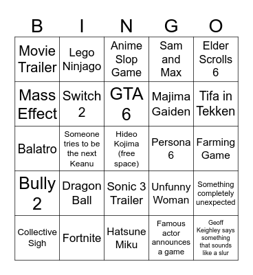 The Game Awards Bingo Card